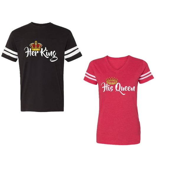 Her King His Queen Unisex Couple Matching Cotton Jersey style T-Shirt Contrasting stripes on sleeves (Men Black / Women Red) (Men XXXL / Women XXL)