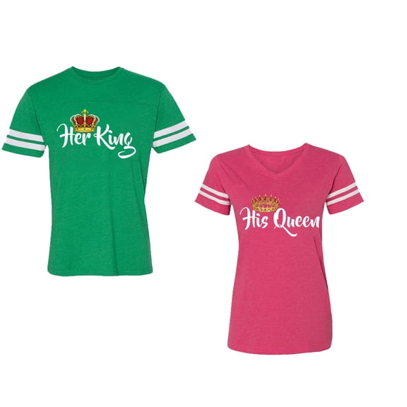 Her King His Queen Unisex Couple Matching Cotton Jersey style T-Shirt Contrasting stripes on sleeves (Men Green / Women Pink) (Men XXL / Women L)