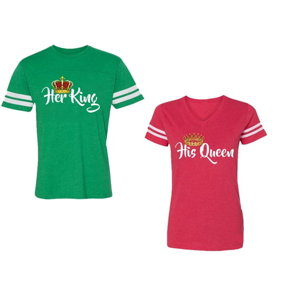 Her King His Queen Unisex Couple Matching Cotton Jersey style T-Shirt Contrasting stripes on sleeves (Men Green / Women Red) (Men S / Women L)