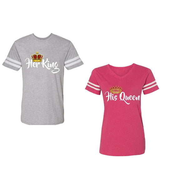 Her King His Queen Unisex Couple Matching Cotton Jersey style T-Shirt Contrasting stripes on sleeves (Men Heather / Women Pink) (Men M / Women XL)