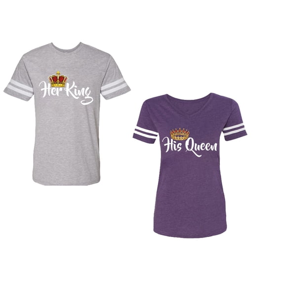 Her King His Queen Unisex Couple Matching Cotton Jersey style T-Shirt Contrasting stripes on sleeves (Men Heather / Women Purple) (Men L / Women XL)