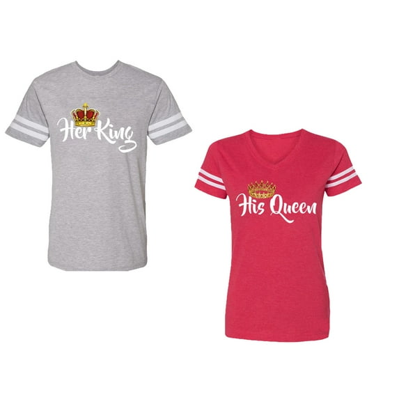 Her King His Queen Unisex Couple Matching Cotton Jersey style T-Shirt Contrasting stripes on sleeves (Men Heather / Women Red) (Men L / Women L)