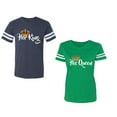 thumbnail image 1 of Her King His Queen Unisex Couple Matching Cotton Jersey style T-Shirt Contrasting stripes on sleeves (Men Navy / Women Green) (Men XXL / Women L), 1 of 3