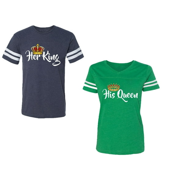 Her King His Queen Unisex Couple Matching Cotton Jersey style T-Shirt Contrasting stripes on sleeves (Men Navy / Women Green) (Men XXL / Women L)