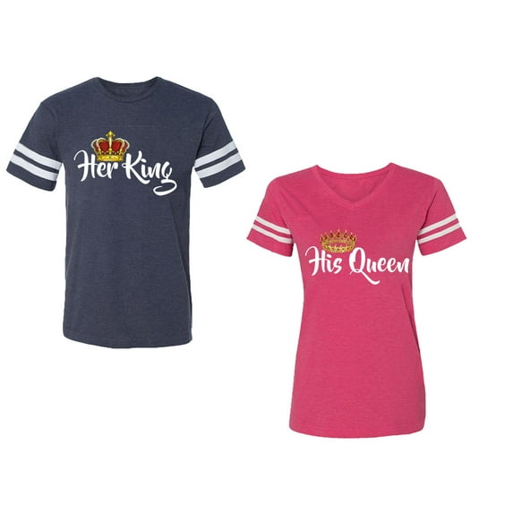 Her King His Queen Unisex Couple Matching Cotton Jersey style T-Shirt Contrasting stripes on sleeves (Men Navy / Women Pink) (Men XXL / Women L)