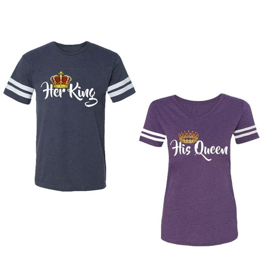 Her King His Queen Unisex Couple Matching Cotton Jersey style T-Shirt Contrasting stripes on sleeves (Men Navy / Women Purple) (Men XL / Women L)