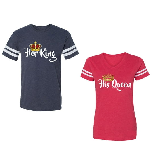 Her King His Queen Unisex Couple Matching Cotton Jersey style T-Shirt Contrasting stripes on sleeves (Men Navy / Women Red) (Men XL / Women L)