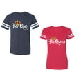 thumbnail image 1 of Her King His Queen Unisex Couple Matching Cotton Jersey style T-Shirt Contrasting stripes on sleeves (Men Navy / Women Red) (Men XL / Women S), 1 of 3