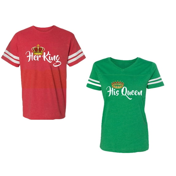 Her King His Queen Unisex Couple Matching Cotton Jersey style T-Shirt Contrasting stripes on sleeves (Men Red / Women Green) (Men L / Women XXL)