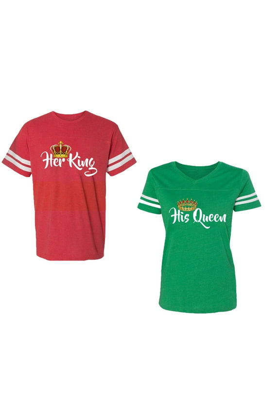 Her King His Queen Unisex Couple Matching Cotton Jersey style T-Shirt Contrasting stripes on sleeves (Men Red / Women Green) (Men XXL / Women S)