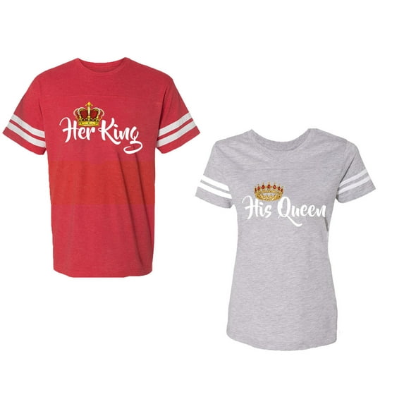 Her King His Queen Unisex Couple Matching Cotton Jersey style T-Shirt Contrasting stripes on sleeves (Men Red / Women Heather) (Men XL / Women L)
