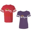thumbnail image 1 of Her King His Queen Unisex Couple Matching Cotton Jersey style T-Shirt Contrasting stripes on sleeves (Men Red / Women Purple) (Men M / Women XL), 1 of 3