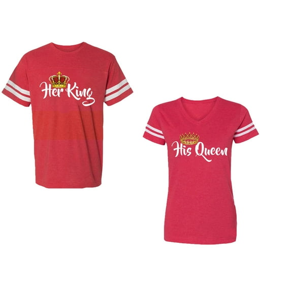 Her King His Queen Unisex Couple Matching Cotton Jersey style T-Shirt Contrasting stripes on sleeves (Men Red / Women Red) (Men M / Women M)