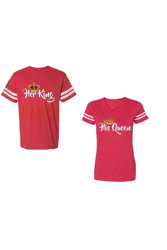 Her King His Queen Unisex Couple Matching Cotton Jersey style T-Shirt Contrasting stripes on sleeves (Men Red / Women Red) (Men XXL / Women XL)