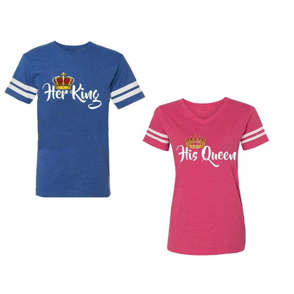 Her King His Queen Unisex Couple Matching Cotton Jersey style T-Shirt Contrasting stripes on sleeves (Men Royal / Women Pink) (Men M / Women M)