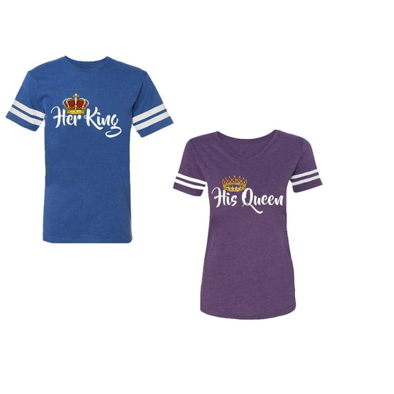 Her King His Queen Unisex Couple Matching Cotton Jersey style T-Shirt Contrasting stripes on sleeves (Men Royal / Women Purple) (Men M / Women XXL)