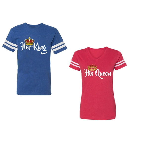 Her King His Queen Unisex Couple Matching Cotton Jersey style T-Shirt Contrasting stripes on sleeves (Men Royal / Women Red) (Men XL / Women M)