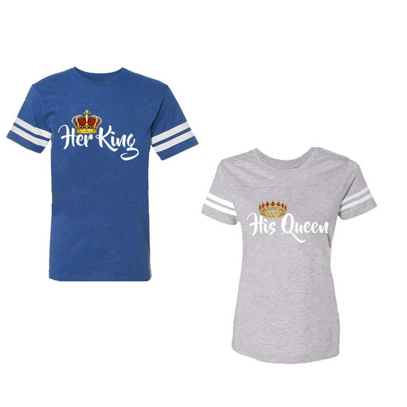 Her King His Queen Unisex Couple Matching Cotton Jersey style T-Shirt Contrasting stripes on sleeves (Men Royal / Women Heather) (Men XXXL / Women XXL)