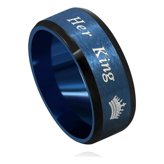 Her King Ring Two Tone, Black Blue, Matching Wedding Band Promise Ring, Couples Valentines Jewelry for Men Boyfriend Y1314 (Size 8)