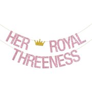 Her Royal Threeness Banner, Girl Princess 3rd Birthday Party Bunting, Three Years Old Birthday Party Decorations Supplies, Pink Glitter