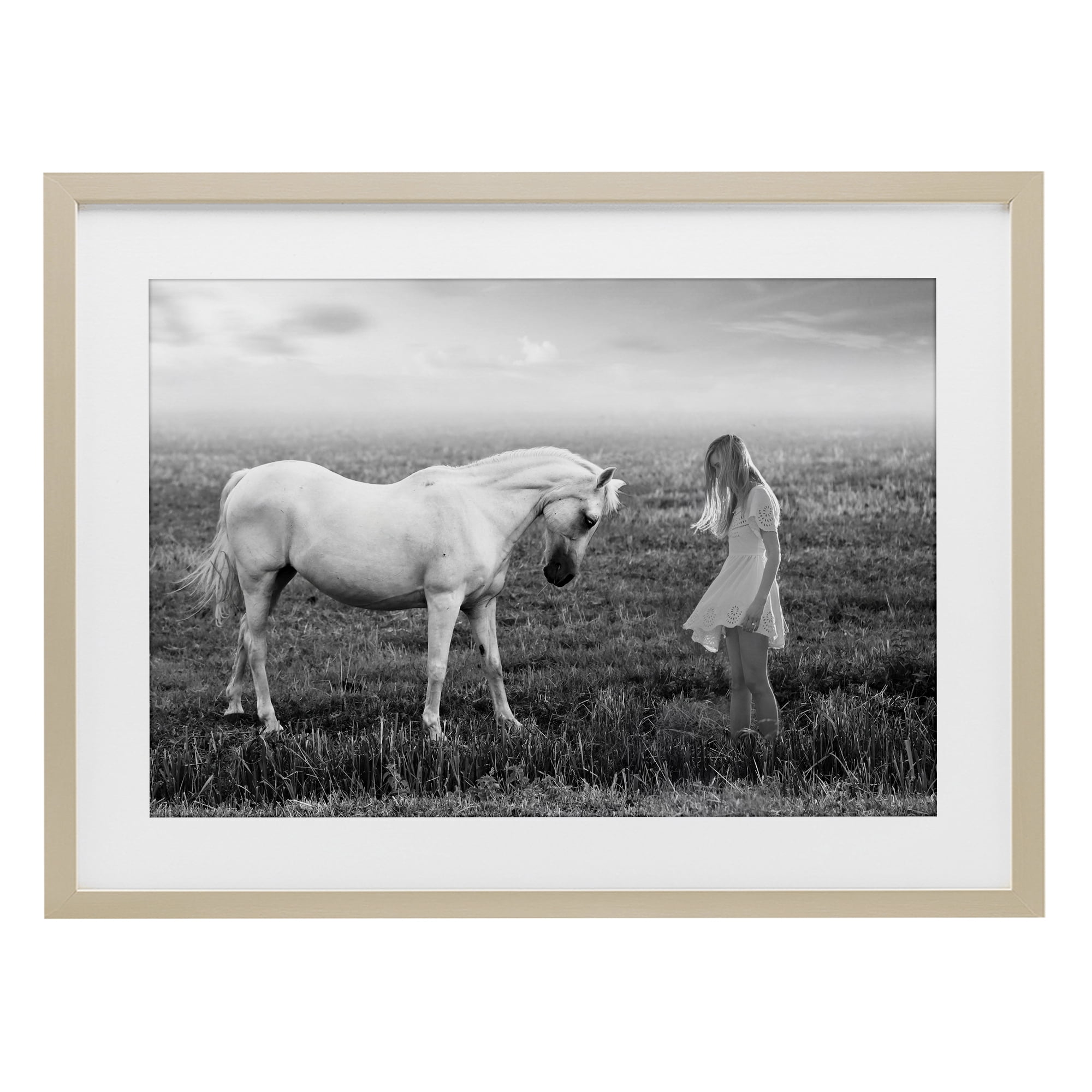 Her White Horse Birch Framed Print Under Glass, design by Ata Alishahi