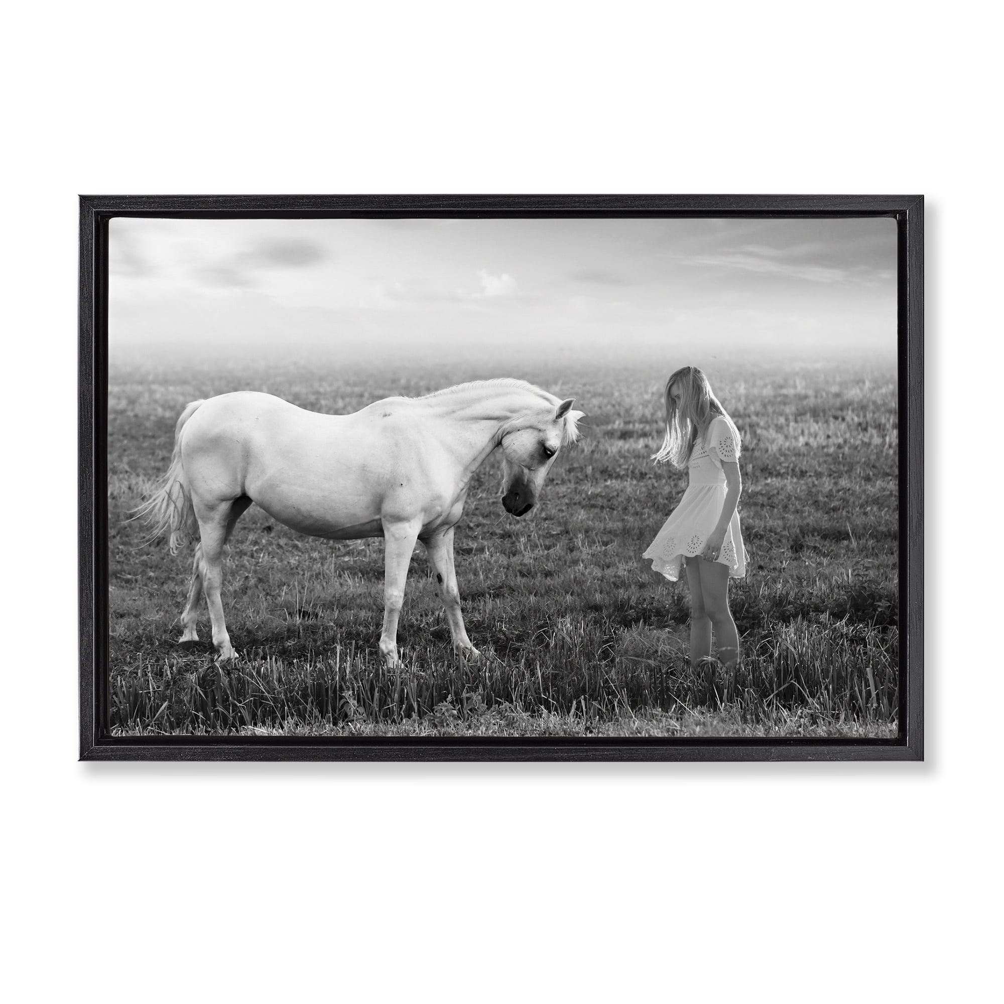 Her White Horse Black Framed Floater Canvas Wall Art, design by Ata Alishahi