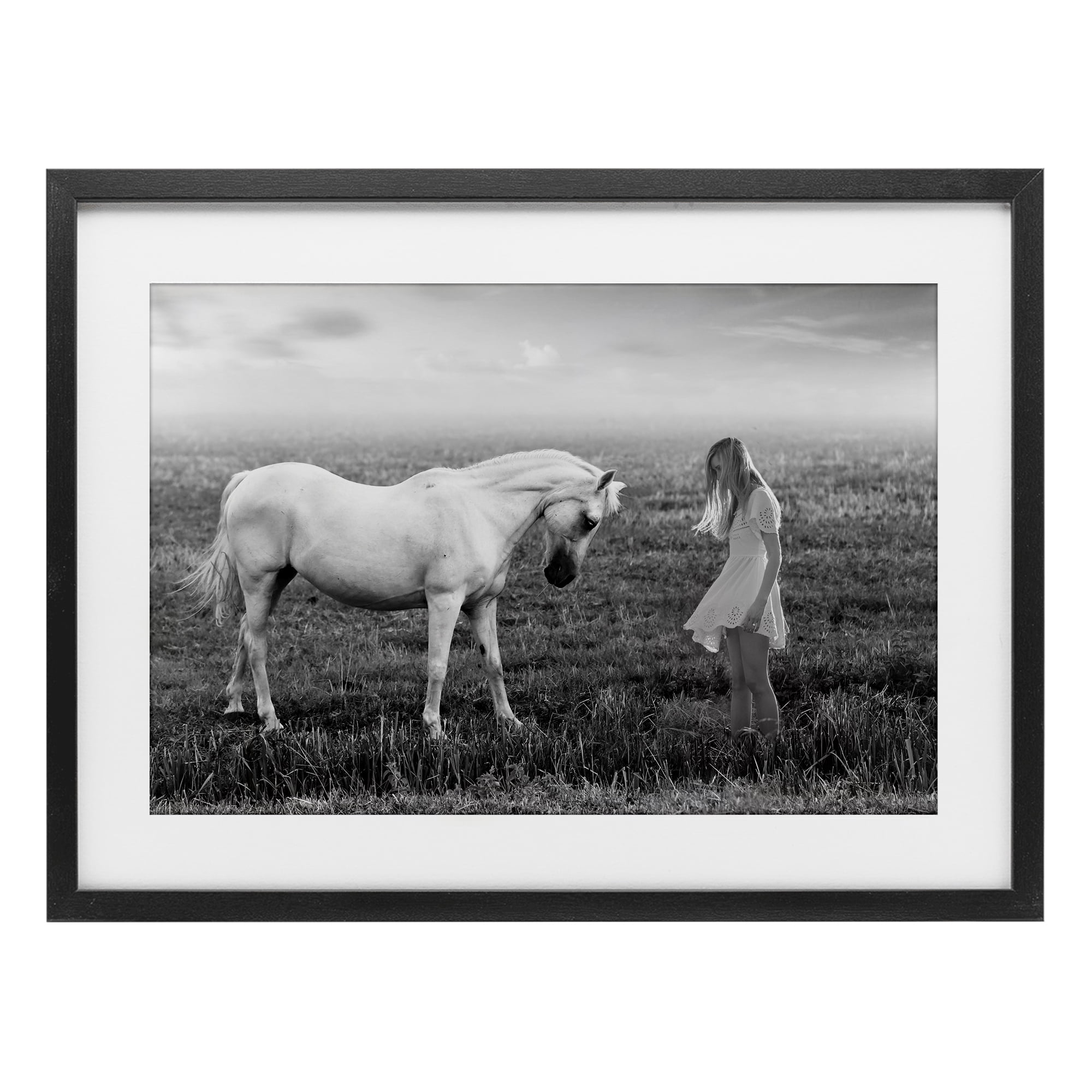 Her White Horse Black Framed Print Under Glass, design by Ata Alishahi
