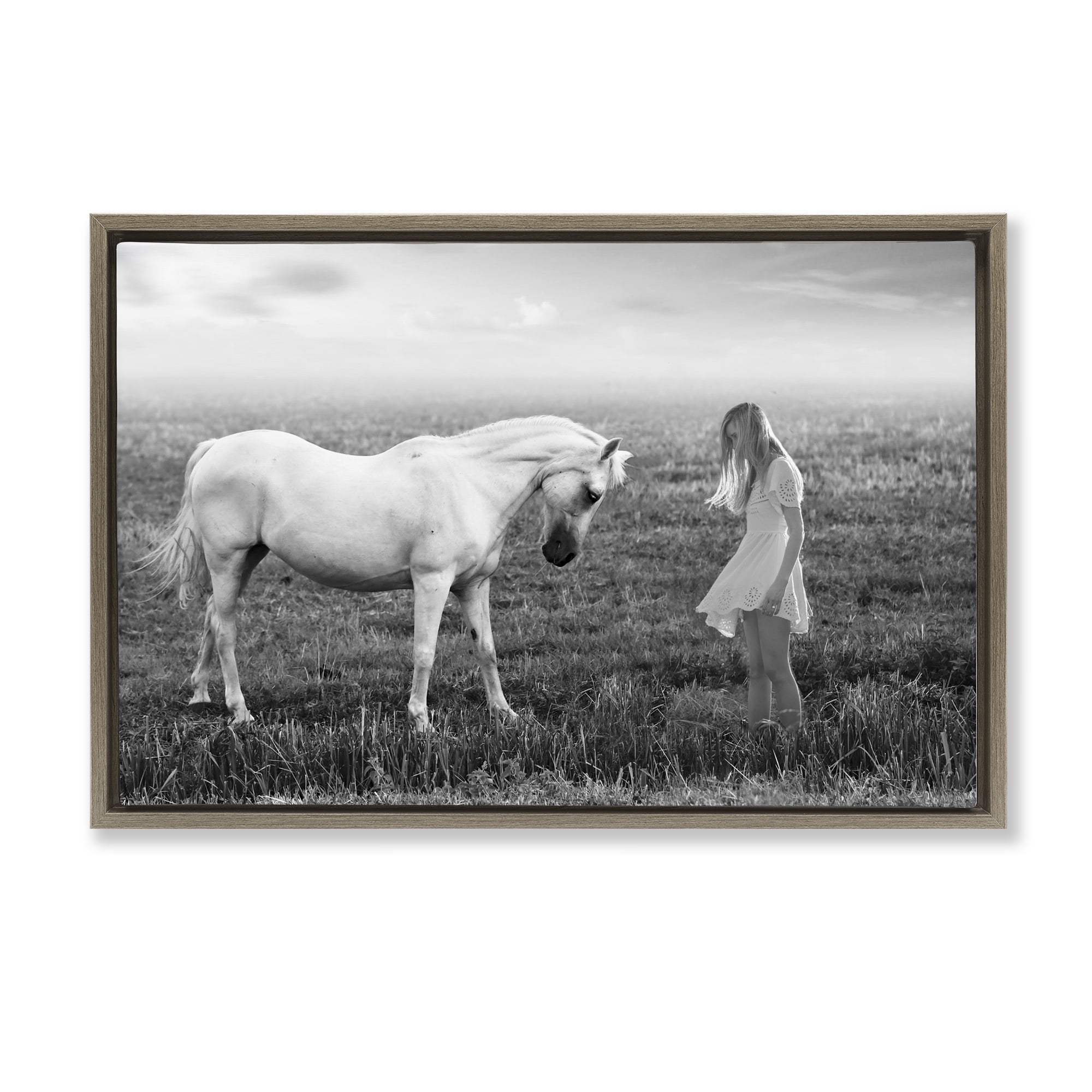 Her White Horse Brown Framed Floater Canvas Wall Art, design by Ata Alishahi