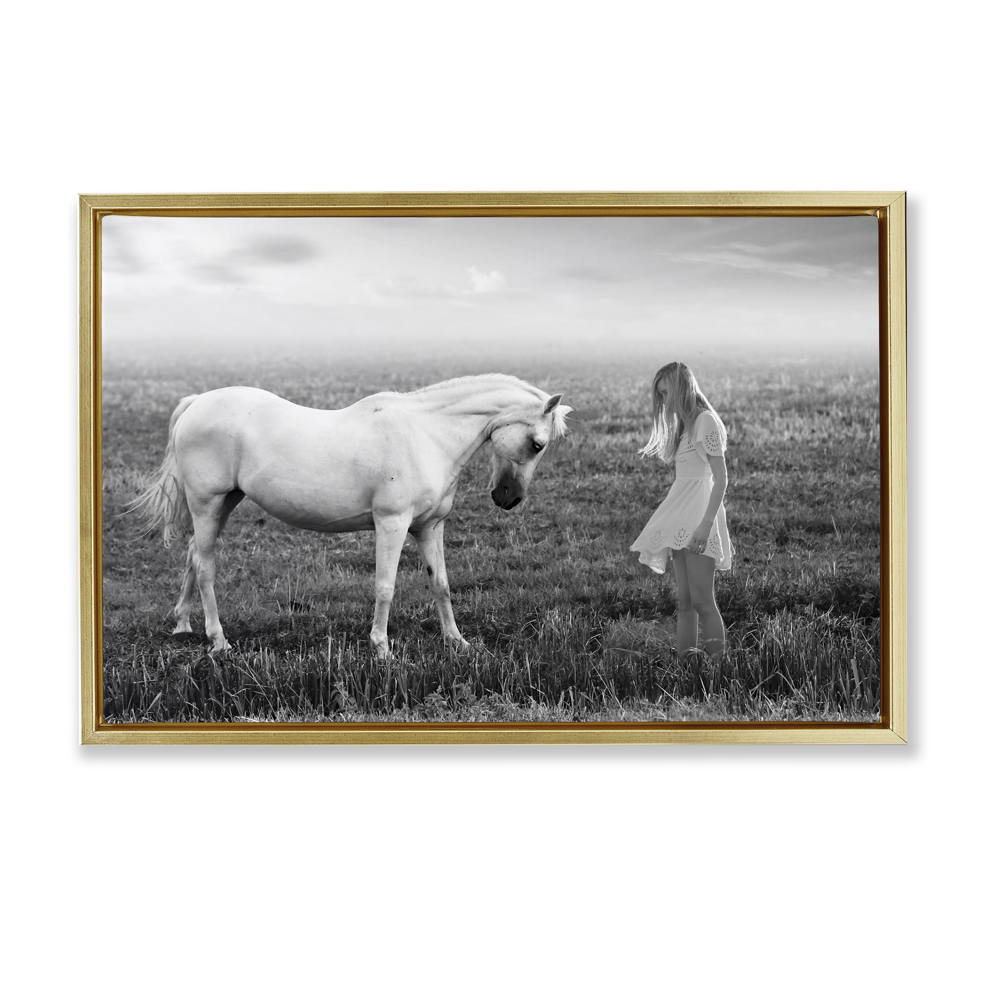 Her White Horse Gold Framed Floater Canvas Wall Art, design by Ata Alishahi