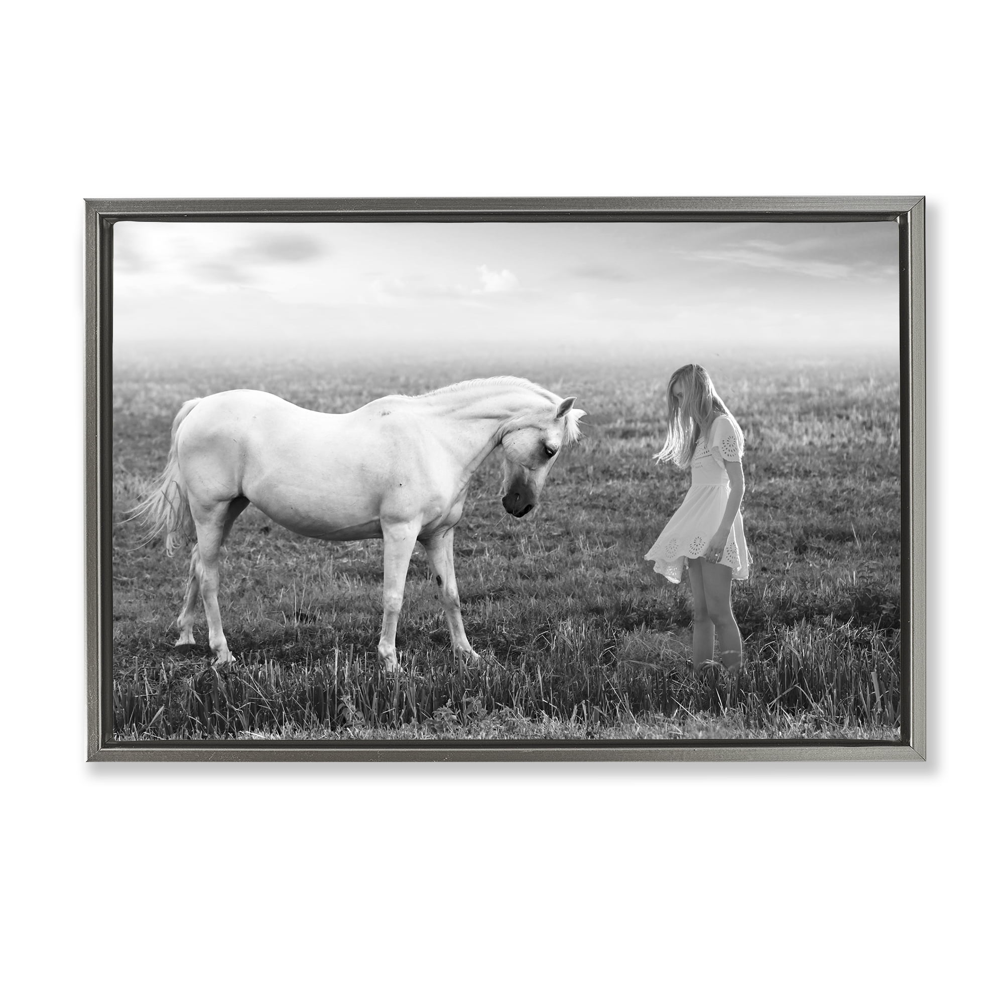 Her White Horse Gray Framed Floater Canvas Wall Art, design by Ata Alishahi