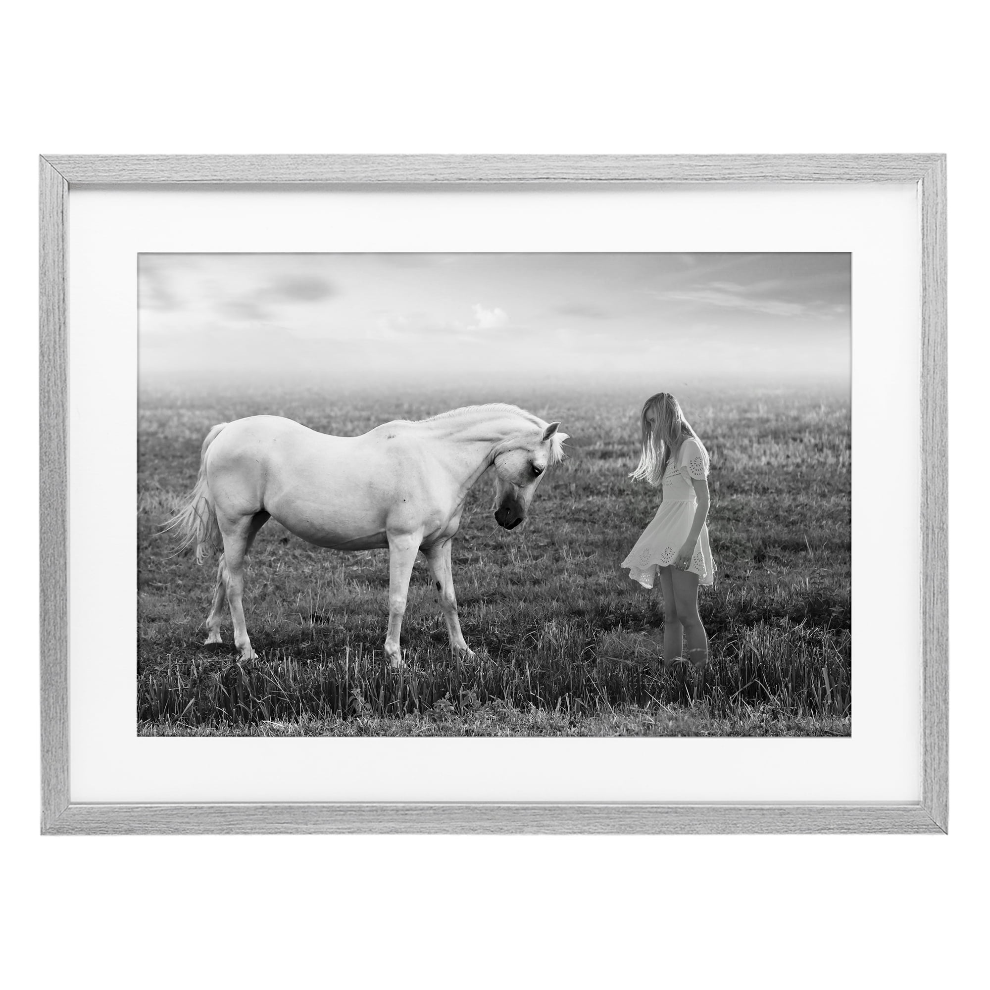 Her White Horse Gray Framed Print Under Glass, design by Ata Alishahi