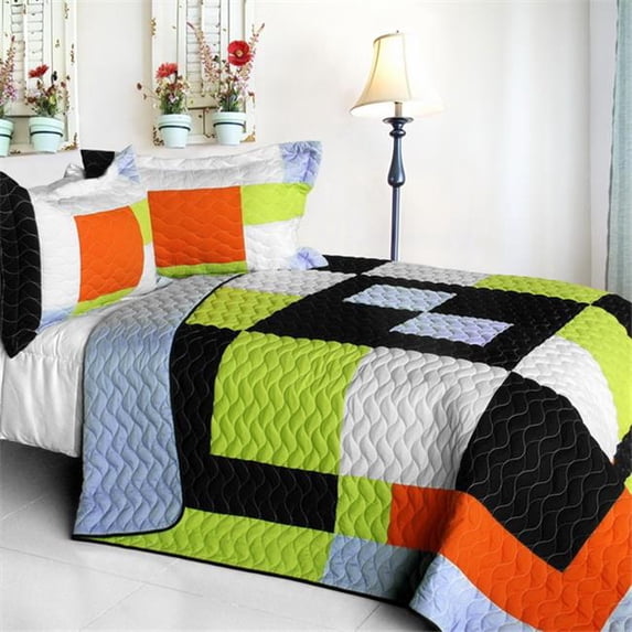 Her Words - Vermicelli-Quilted Patchwork Quilt Set Full & Queen Size - Green