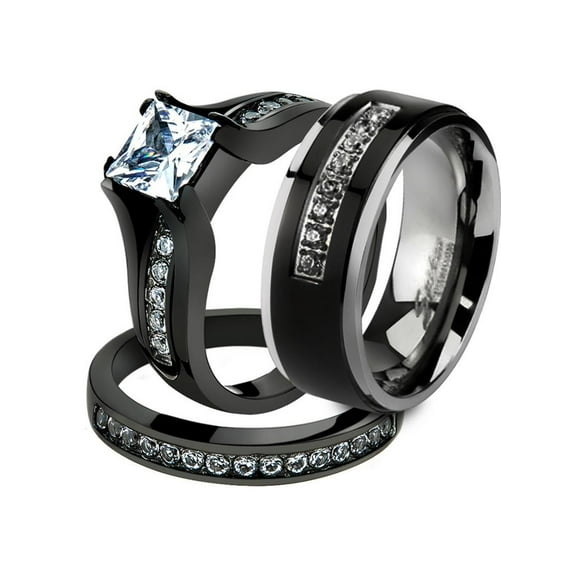 Her and His 3pc Black Stainless Steel Engagement Wedding Ring Set and Titanium Band Size Women's 10 Men's 10