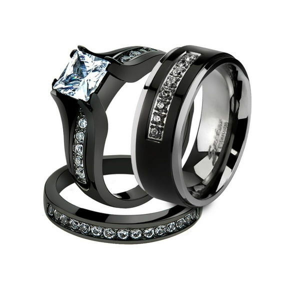 Her and His 3pc Black Stainless Steel Engagement Wedding Ring Set and Titanium Band Size Women's 10 Men's 10