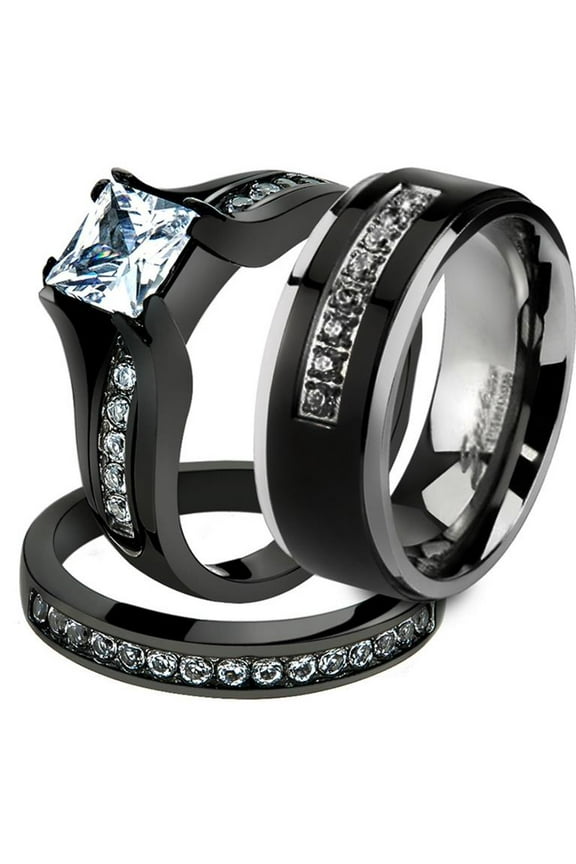 Her and His 3pc Black Stainless Steel Engagement Wedding Ring Set and Titanium Band Size Women's 10 Men's 10