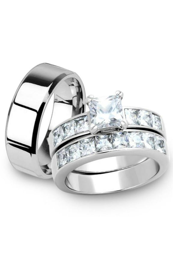 Her and His 3pc Princess Wedding Engagement Ring and Men's Band Stainless Steel Set Women's Size 05 Men's 08mm Size 13