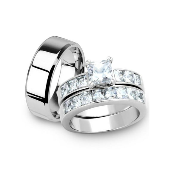 Her and His 3pc Princess Wedding Engagement Ring and Men's Band Stainless Steel Set Women's Size 06 Men's 08mm Size 09