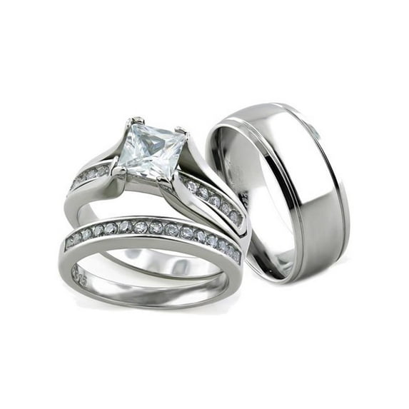 Her and His 3pc Silver Stainless Steel and Titanium Wedding Engagement Ring Band Set Size Women's 06 Men's 11
