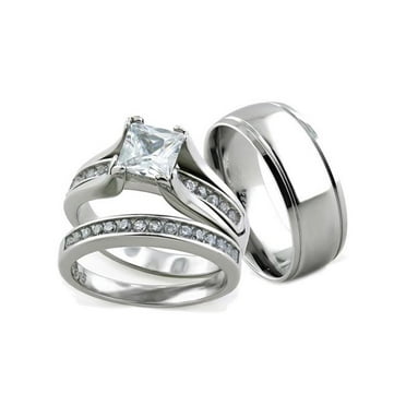 His Hers 3 PCS Womens 6x6mm Round CZ Stainless Steel Wedding Ring Set – LA NY Jewelry - Foto 12