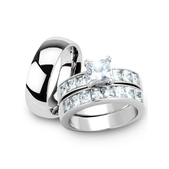 Her and His 3pc Stainless Steel Princess Wedding Ring Set and Men's Classic Band Women's Size 10 Men's 03mm Size 07