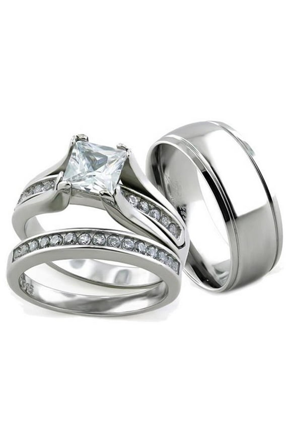 Her and His 3pc Stainless Steel Wedding Engagement Ring and Classic Men's Band Set Size Women's 11 Men's 13