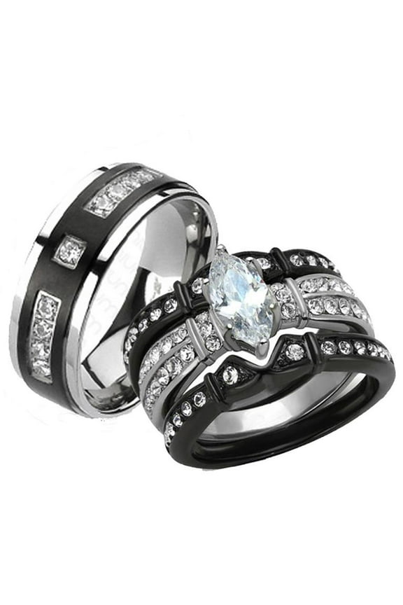 Her and His 4pc Black Stainless Steel and Titanium Wedding Engagement Ring Band Set Size Women's 10 Men's 12