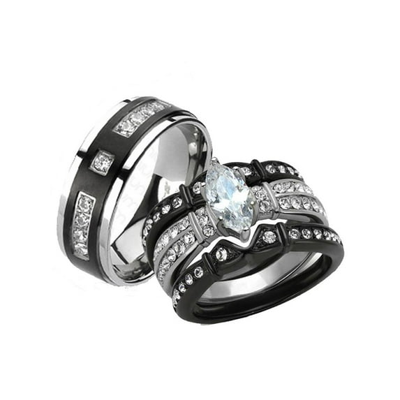 Her and His 4pc Black Stainless Steel and Titanium Wedding Engagement Ring Band Set Size Women's 11 Men's 06