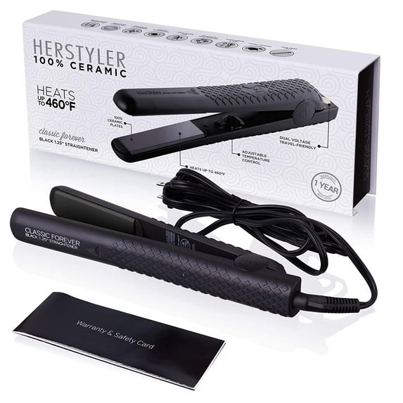 HerStyler Forever Travel Size Professional 1.25" Ceramic Flat Iron Hair Straightener, Ionic, Black