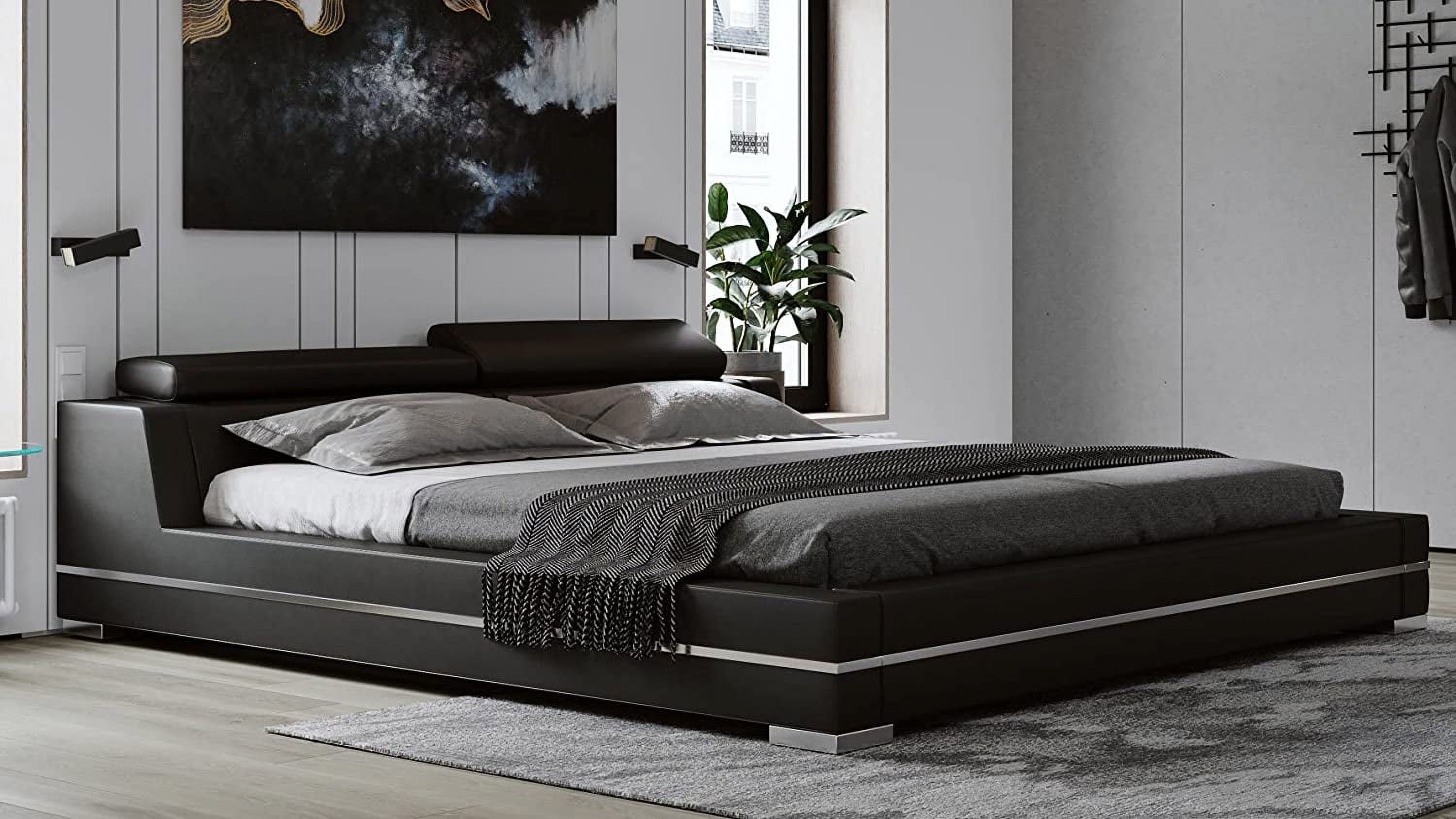 Hera Genuine Black Leather Platform Bed with Adjustable Headrests