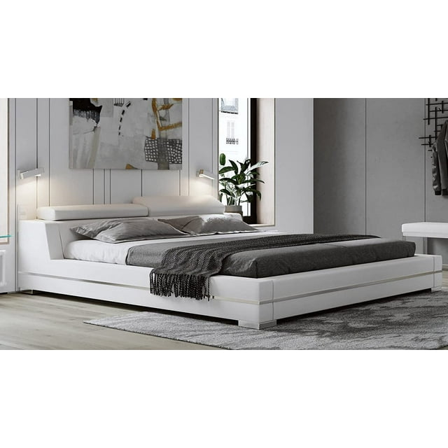 Hera Genuine Black Leather Platform Bed with Adjustable Headrests