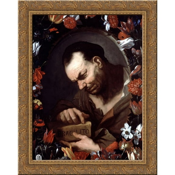 Heraclitus and Democritus. Left Panel 24x20 Gold Ornate Wood Framed Canvas Art by Luca Giordano