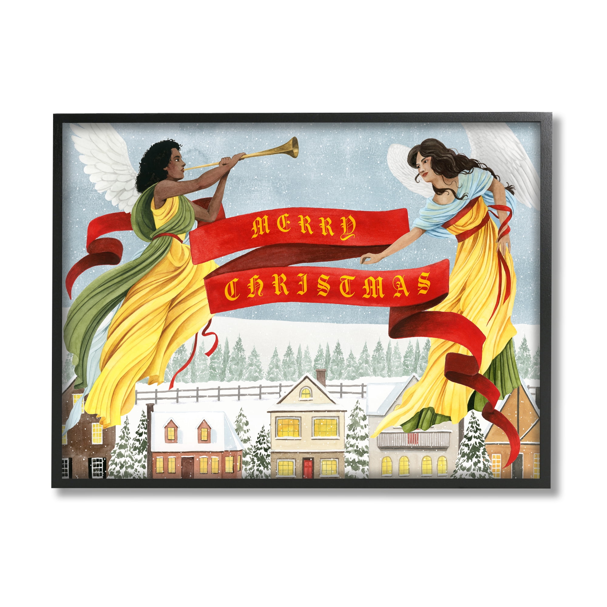 Herald Angels Christmas Banner Above Wintery Town Inspirational Graphic Art Framed Art Print Wall Art
