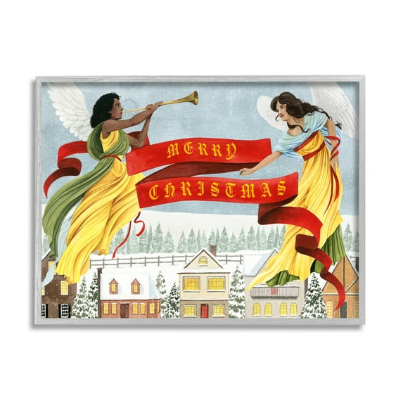 Herald Angels Christmas Banner Above Wintery Town Inspirational Graphic Art Framed Art Print Wall Art