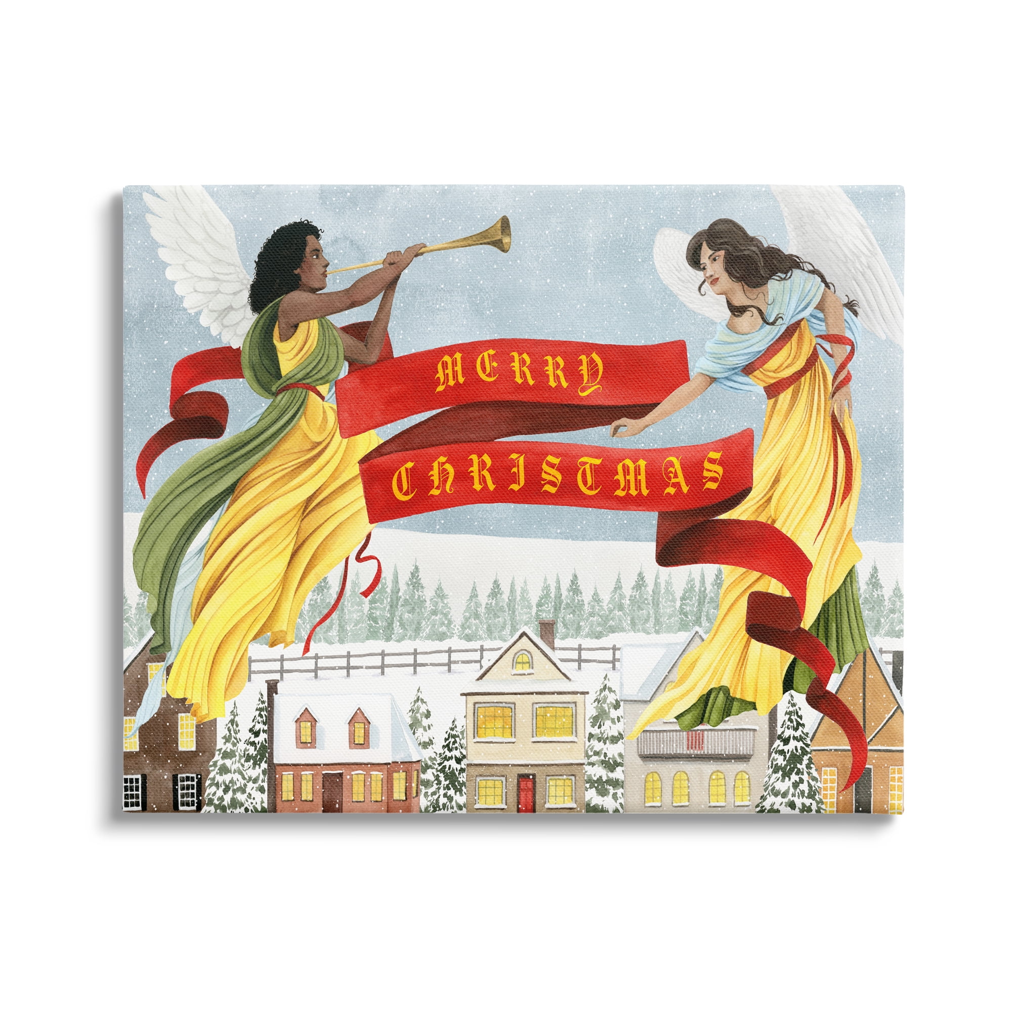 Herald Angels Christmas Banner Above Wintery Town Inspirational Graphic Art Gallery-Wrapped Canvas Print Wall Art